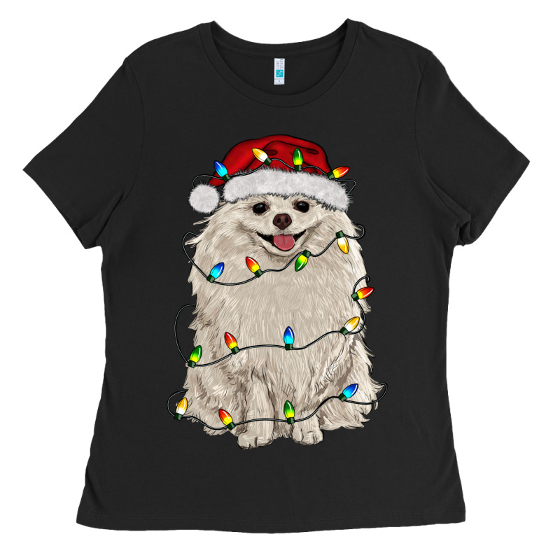 White Pomeranian With Christmas Lights Ladies Tee by RanaPortraitStore | Teevron