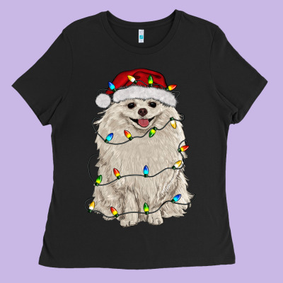 White Pomeranian With Christmas Lights Ladies Tee Designed By Ranaportraitstore