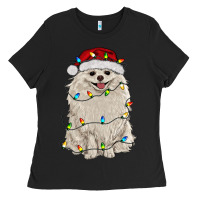 Black white pomeranian with christmas lights Ladies Tee - RanaPortraitStore