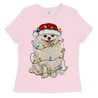Bubblegum Pink white pomeranian with christmas lights Ladies Tee - RanaPortraitStore