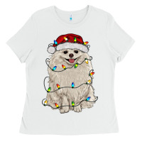 White white pomeranian with christmas lights Ladies Tee - RanaPortraitStore