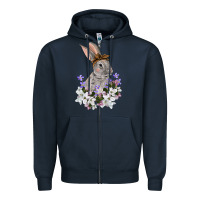 Navy Easter Day Flowers bunny Zipper Hoodie - OliviaCreatesArt
