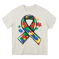 Cream autism puzzle ribbon Heavy Core Tee - MaliasSmallBusiness