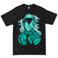 Black Ovarian Cancer teal ribbon with boxing gloves Premium Tee - NancyCooperArtShop