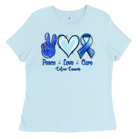 Baby Blue Peace Love Cure Colon Cancer Ladies Tee - Jasminsmagicworld