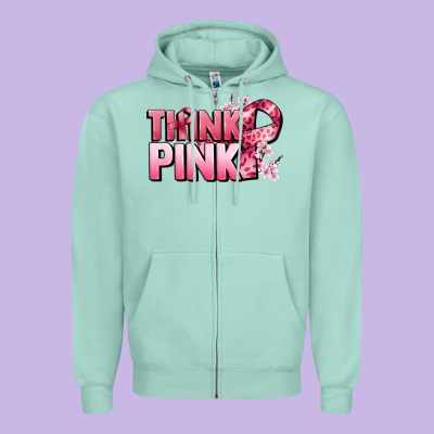 Think Pink Cancer Awareness Zipper Hoodie Designed By Fadigitalartstudio