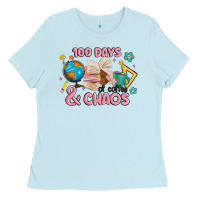 Baby Blue 100 days of coffe and chaos Ladies Tee - MaliasSmallBusiness