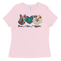 Bubblegum Pink peace love pomeranian Ladies Tee - RanaPortraitStore