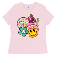 Bubblegum Pink smiley face and school elementary Ladies Tee - MaliasSmallBusiness