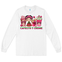 White Cafecito y Chisme Coffee Cups Long Sleeve Tee - texasbilliewilder