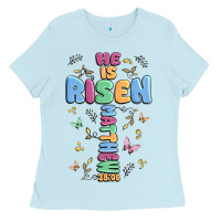 Baby Blue he is risen cross Ladies Tee - MaliasSmallBusiness
