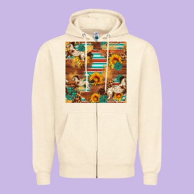 Western Horse Sunflowers Gemstone Seamless Pattern Zipper Hoodie Designed By Fadigitalartstudio