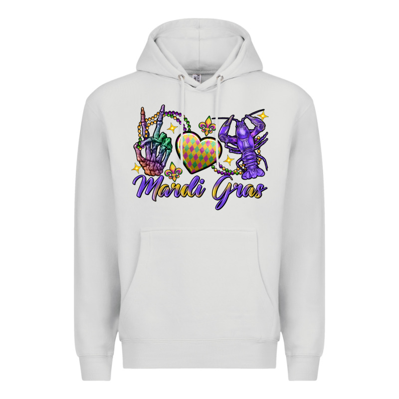 Peace Love Crawfish Mardi Gras Skeleton Hand Premium Hoodie by FaDigitalArtStudio | Teevron