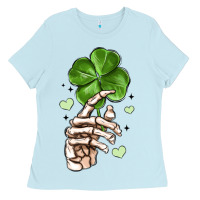 Baby Blue skeleton hand with shamrock st patrick s day Ladies Tee - MaliasSmallBusiness