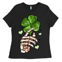 Black skeleton hand with shamrock st patrick s day Ladies Tee - MaliasSmallBusiness