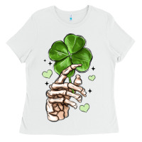 White skeleton hand with shamrock st patrick s day Ladies Tee - MaliasSmallBusiness