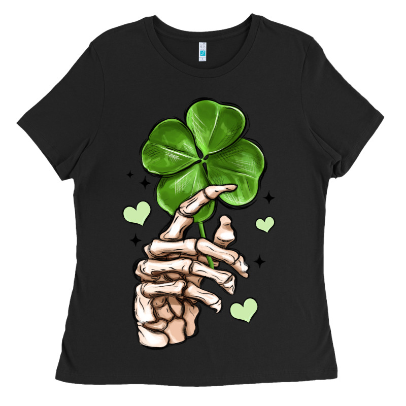 Skeleton Hand With Shamrock St Patrick S Day Ladies Tee by MaliasSmallBusiness | Teevron