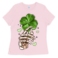 Bubblegum Pink skeleton hand with shamrock st patrick s day Ladies Tee - MaliasSmallBusiness