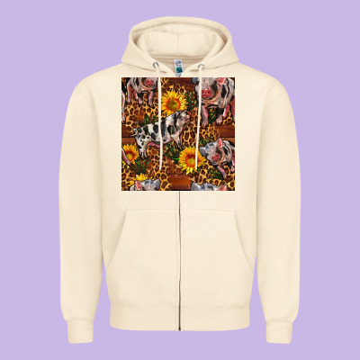 Western Spotted Pig With Sunflowers Seamless Zipper Hoodie Designed By Fadigitalartstudio