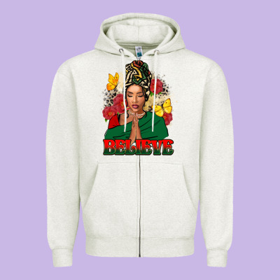 Believe Black Woman Zipper Hoodie Designed By Fadigitalartstudio