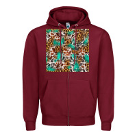 Burgundy Western Turquoise Glitter Cowhide Leopard Seamless Zipper Hoodie - FaDigitalArtStudio