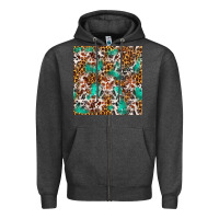 Charcoal Heather Western Turquoise Glitter Cowhide Leopard Seamless Zipper Hoodie - FaDigitalArtStudio