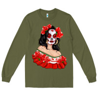 Army Green Mexicana Skull Girl with Roses Long Sleeve Tee - texasbilliewilder