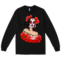 Black Mexicana Skull Girl with Roses Long Sleeve Tee - texasbilliewilder