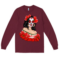 Burgundy Mexicana Skull Girl with Roses Long Sleeve Tee - texasbilliewilder