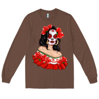 Chestnut Mexicana Skull Girl with Roses Long Sleeve Tee - texasbilliewilder