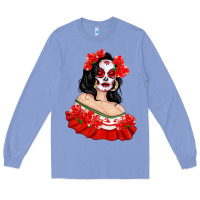 Colony Blue Mexicana Skull Girl with Roses Long Sleeve Tee - texasbilliewilder