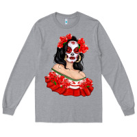 Heather Grey Mexicana Skull Girl with Roses Long Sleeve Tee - texasbilliewilder