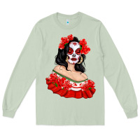 Matcha Mexicana Skull Girl with Roses Long Sleeve Tee - texasbilliewilder