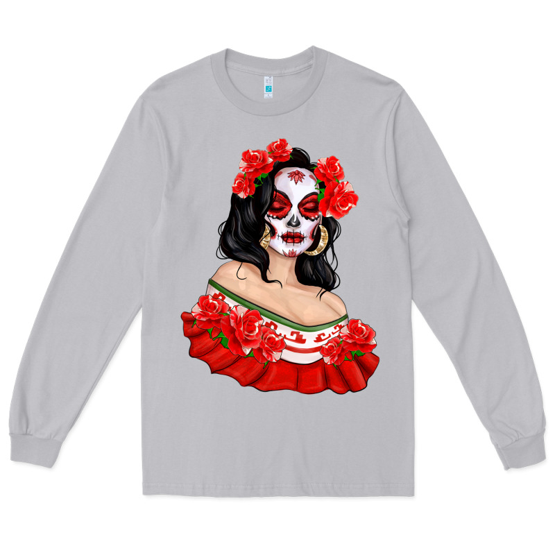Mexicana Skull Girl With Roses Long Sleeve Tee by texasbilliewilder | Teevron