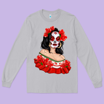 Mexicana Skull Girl With Roses Long Sleeve Tee Designed By Texasbilliewilder