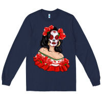Navy Mexicana Skull Girl with Roses Long Sleeve Tee - texasbilliewilder