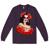 Plum Mexicana Skull Girl with Roses Long Sleeve Tee - texasbilliewilder