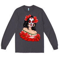 Smoke Mexicana Skull Girl with Roses Long Sleeve Tee - texasbilliewilder