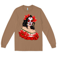 Toasted Coconut Mexicana Skull Girl with Roses Long Sleeve Tee - texasbilliewilder