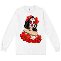 White Mexicana Skull Girl with Roses Long Sleeve Tee - texasbilliewilder