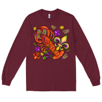 Burgundy Crawfish and fleur de lis Long Sleeve Tee - NancyCooperArtShop