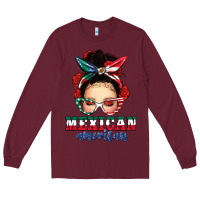 Burgundy Mexican American Messy Bun Long Sleeve Tee - texasbilliewilder