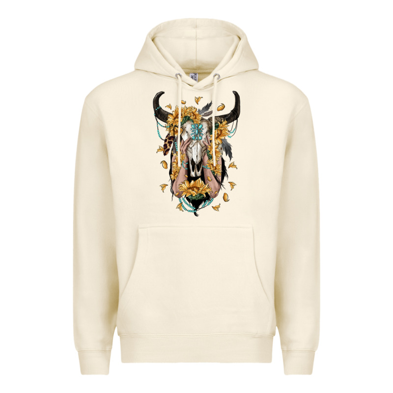 Sunflower Boho Bull Skull With Hands Premium Hoodie by RanaPortraitStore | Teevron