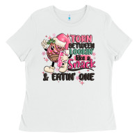 White torn between lookin' like a snack and eatin' one Ladies Tee - MaliasSmallBusiness