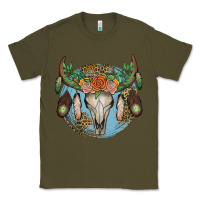 Army Green floral feather bull skull Classic Tee - JahusDesignShop