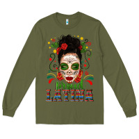 Army Green Proud Latina Skull Girl Messy Bun Long Sleeve Tee - texasbilliewilder