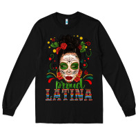 Black Proud Latina Skull Girl Messy Bun Long Sleeve Tee - texasbilliewilder