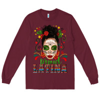 Burgundy Proud Latina Skull Girl Messy Bun Long Sleeve Tee - texasbilliewilder