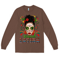Chestnut Proud Latina Skull Girl Messy Bun Long Sleeve Tee - texasbilliewilder