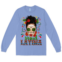 Colony Blue Proud Latina Skull Girl Messy Bun Long Sleeve Tee - texasbilliewilder